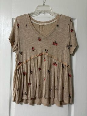 Rewind Beige V-Neck Babydoll Top with Pink Floral embroidered.
